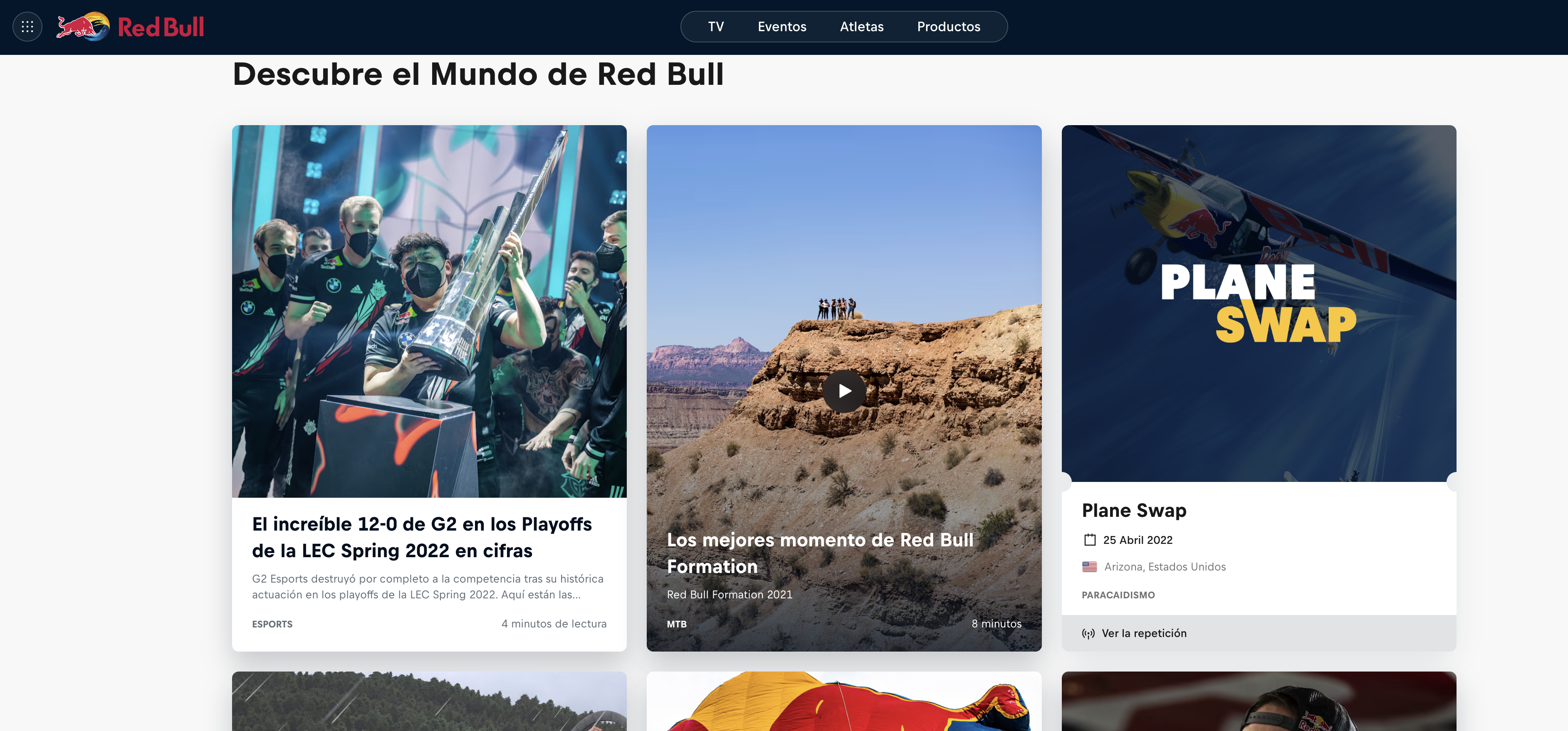 impresión de la página web de la marca RED-BULL con fotografías de distintas actividades