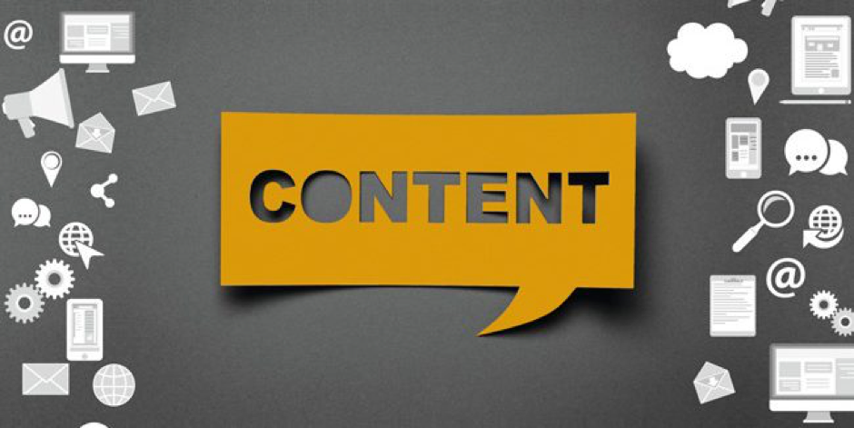 imagen de fondo gris con iconos de marketing digital y un rótulo en amarillo con la palabra "content".