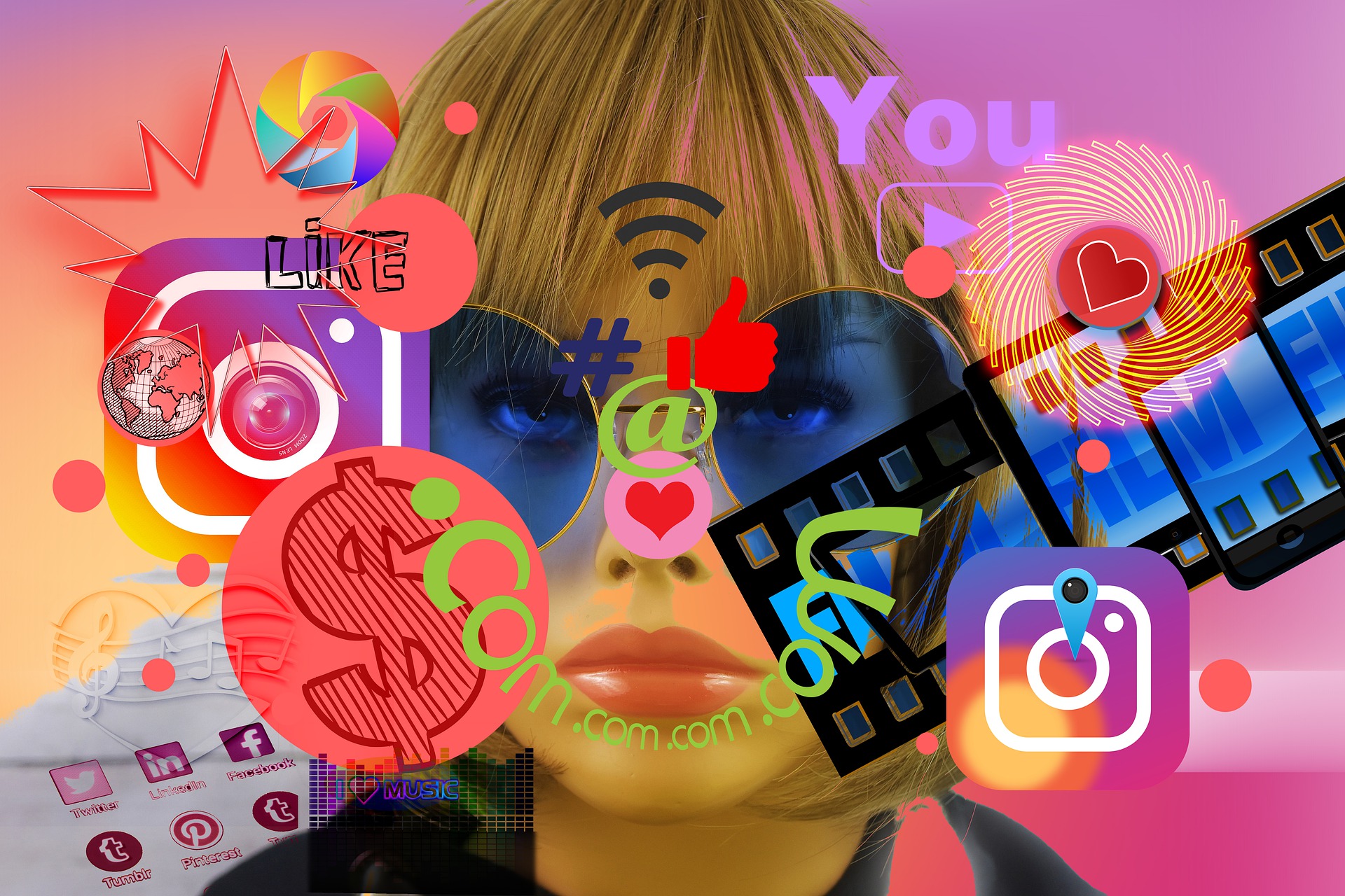 montaje fotográfico con iconos de marketing digital sobre rostro de mujer